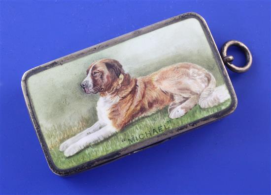 An Edwardian silver and enamel vesta case decorated with a recumbent St. Bernard, Michael, by Sampson Mordan & Co,